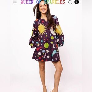 Queen of Sparkles Dark Purple Multi Galaxy Button Up Cotton Bubble Sleeve Dress